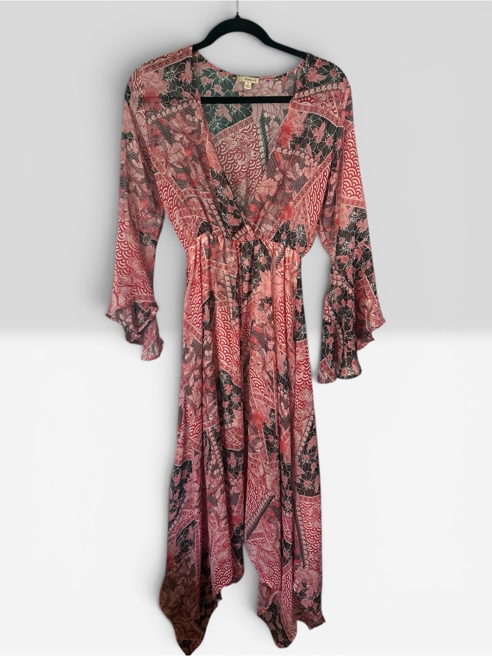 Haani Boho Floral Maxi Dress with Bell Sleeves tapered hem size small